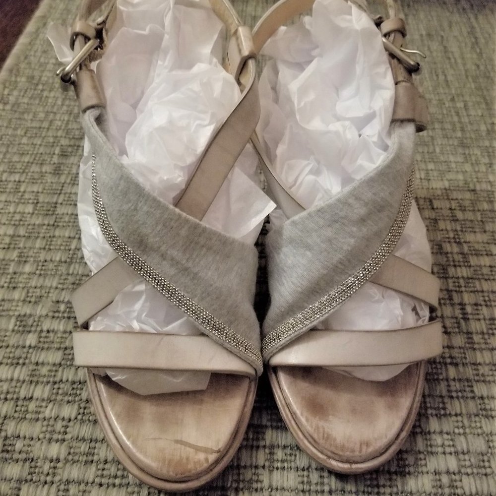 Brunello Cucinelli Distressed Leather/Fabric/Silver Embellished Heels - EU37